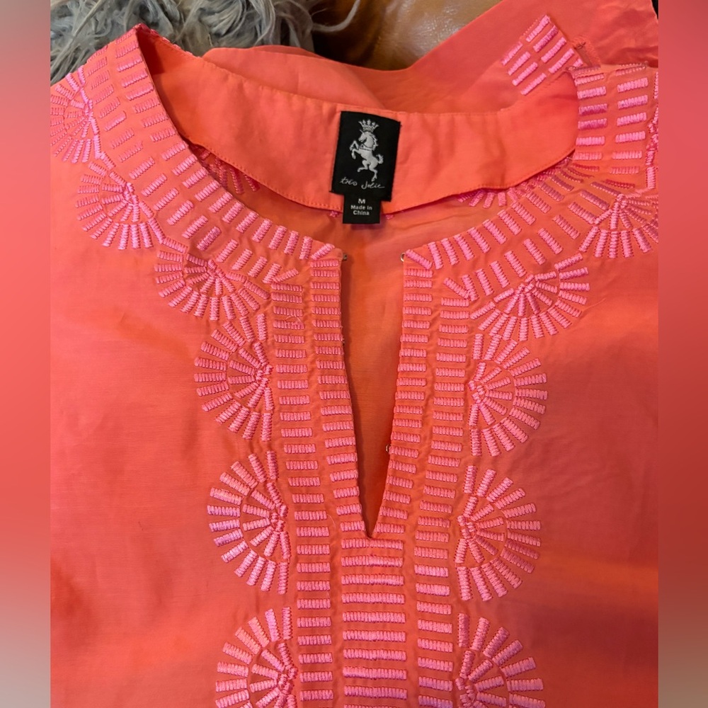 White Lotus Resort Coral Orange Embellished Silk Tunic w Mandarin Collar Blouse